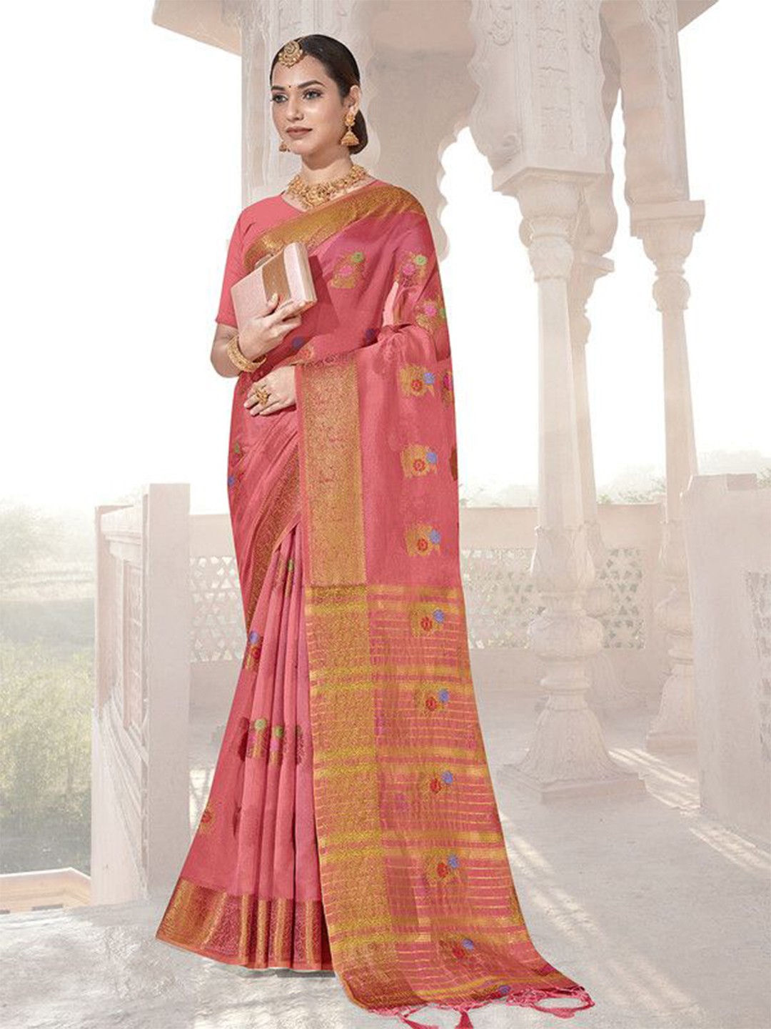

sagarika Ethnic Motifs Zari Organza Narayan Peth Saree, Coral