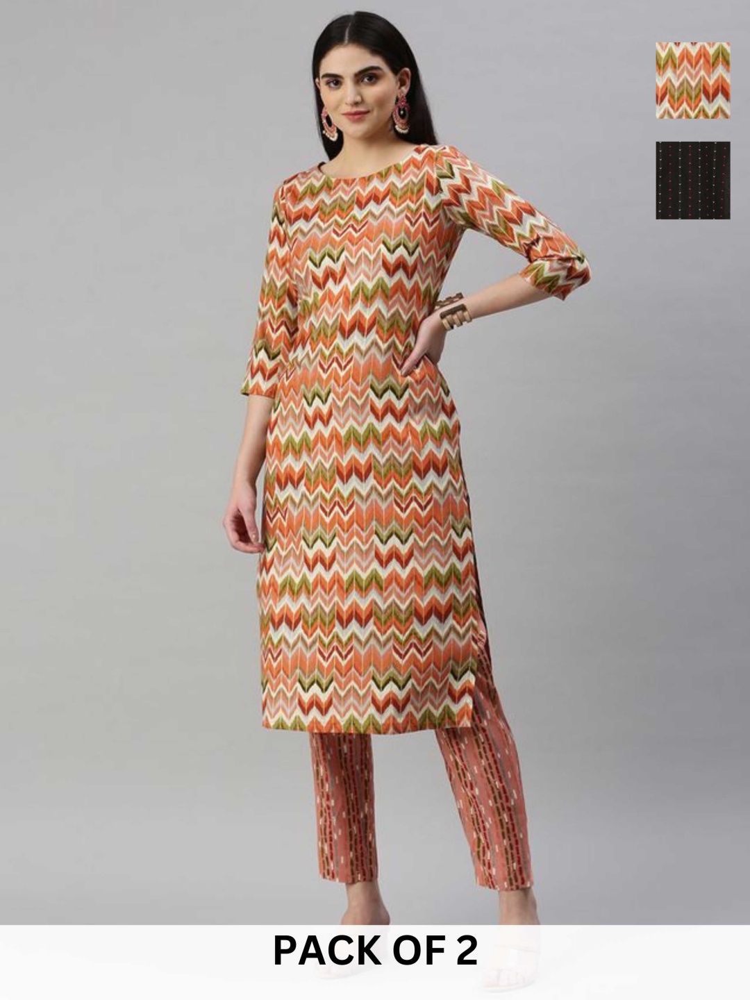 

KALINI Selection Of 2 Geometric Printed Cotton Blend Straight Kurta With Trousers, Orange