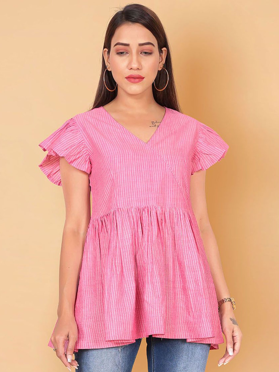 

BAESD Women Striped Cotton Peplum Top, Pink