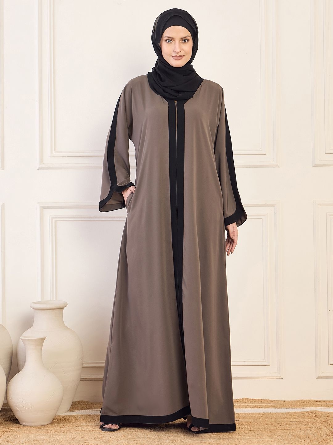 

NABIA Women Solid Piping Detailing Aline Abaya Burqa, Taupe