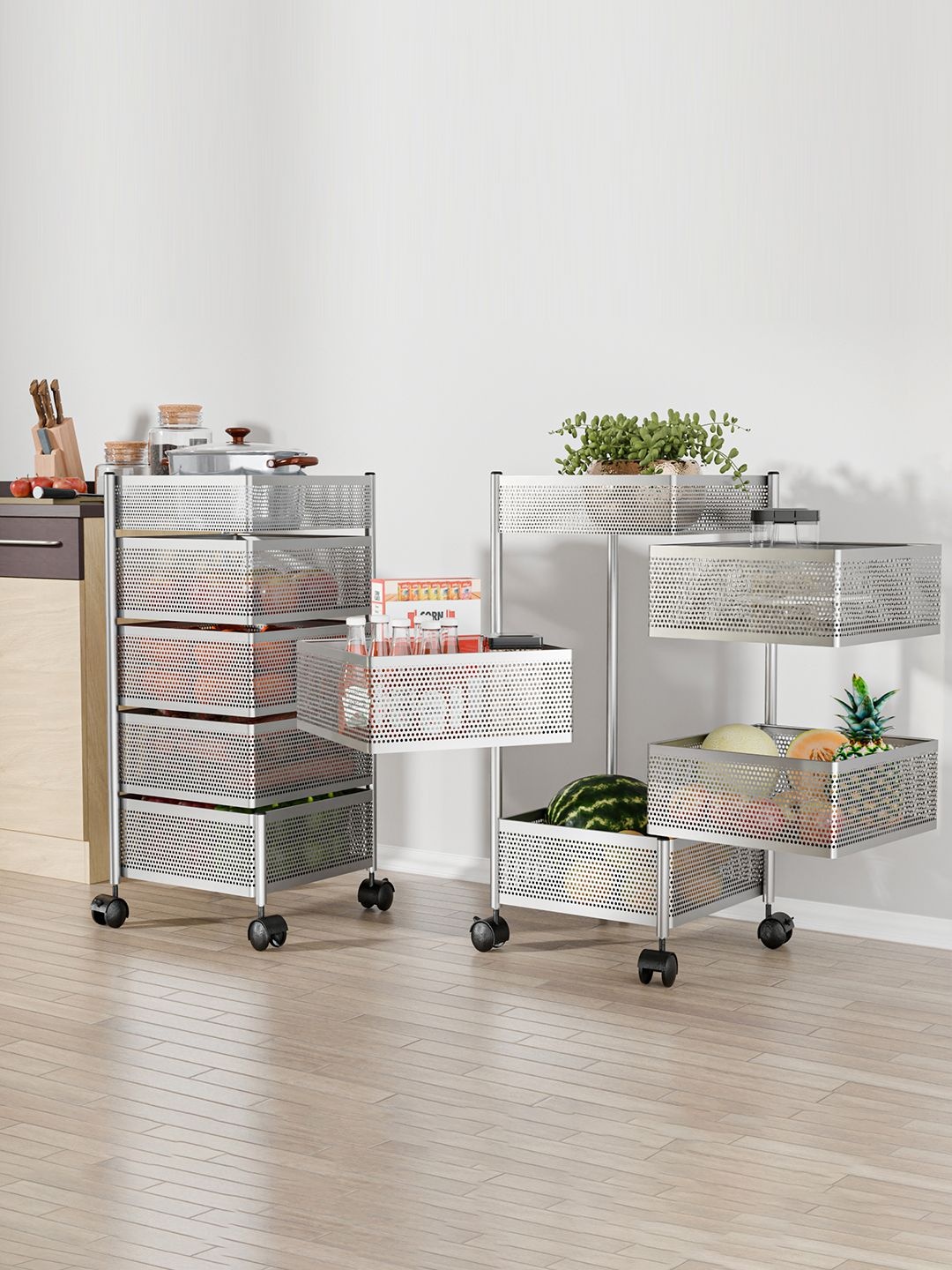 

Kuber Industries Pack of 2 Kitchen 4+1 Layer Metal Storage Kitchen Trolley Unisex Silver