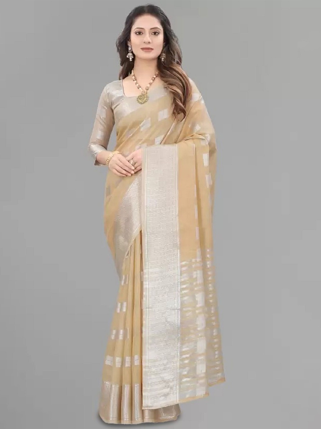 

Aika Woven Design Zari Pure Silk Banarasi Saree, Beige
