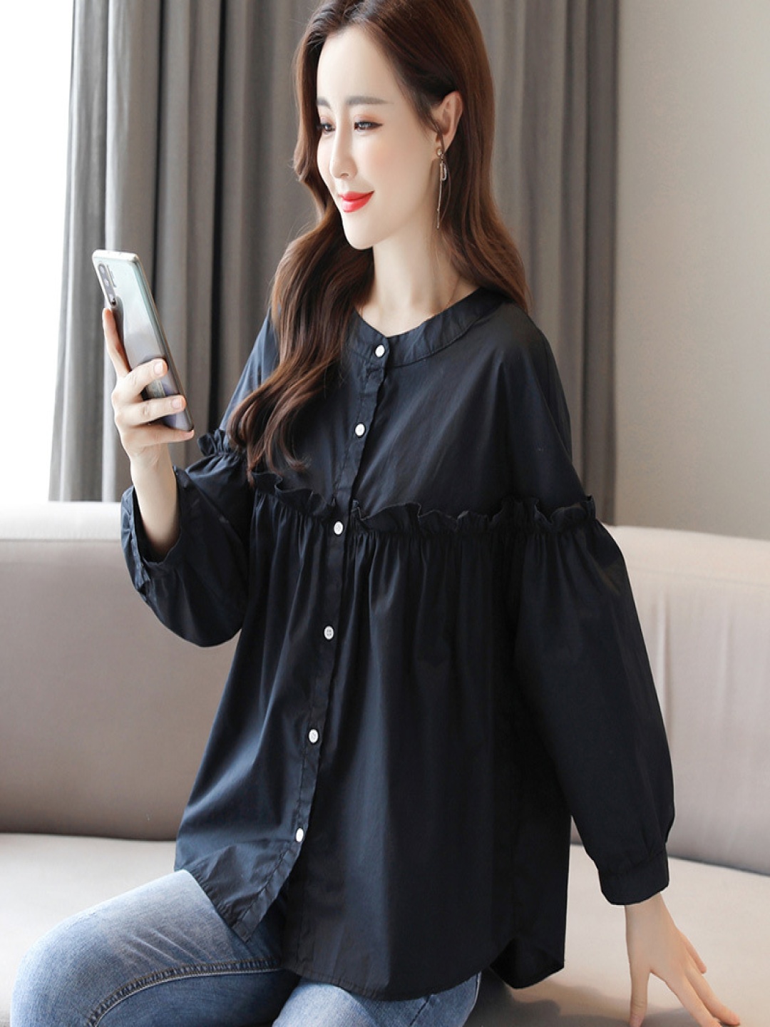

StyleCast Women Band Collar Solid Relaxed Fit Cotton Casual Shirt, Black