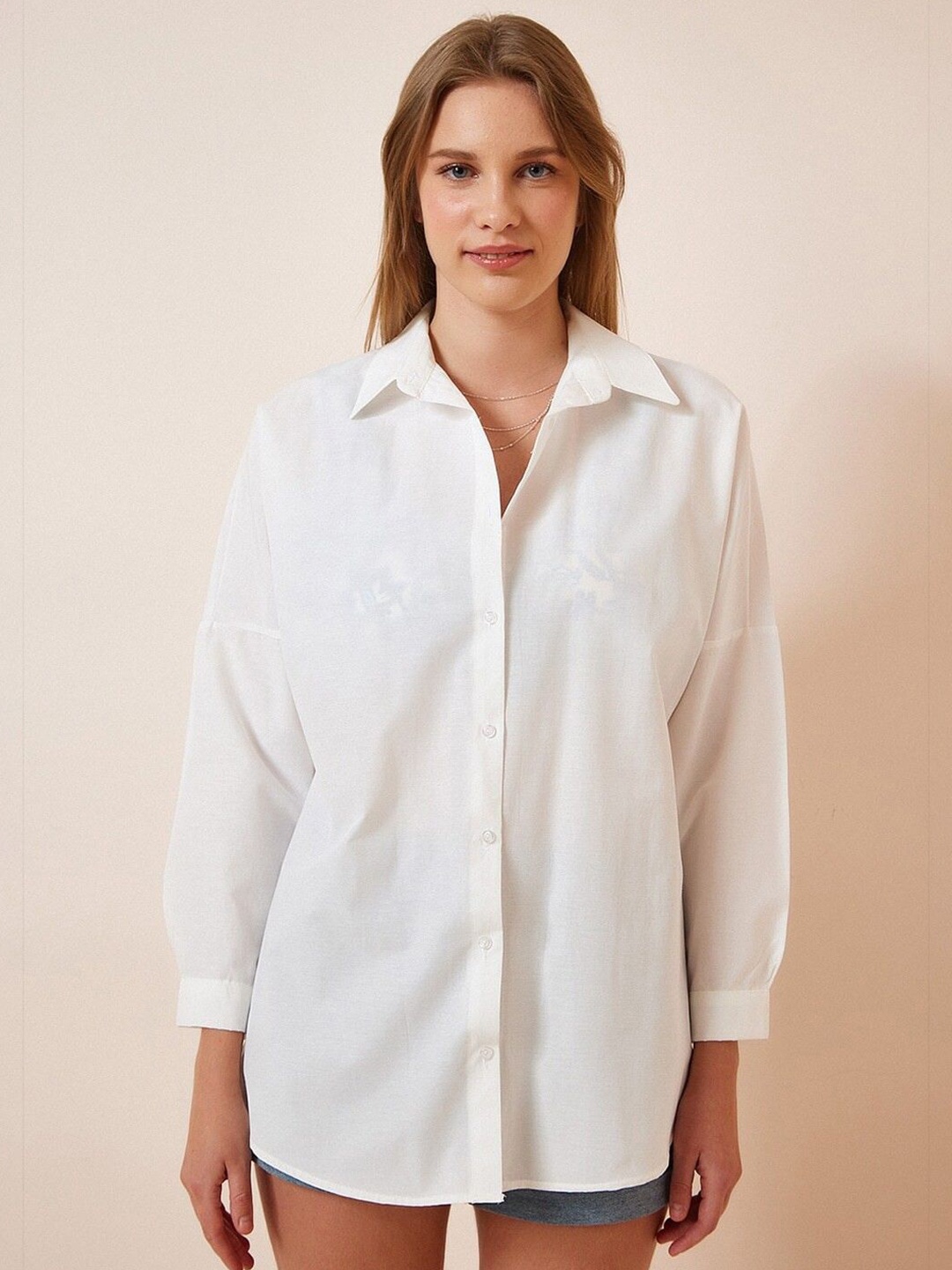 

WHY SO FAB Women Comfort Oversized Fit Spread Collar Solid Cotton Casual Shirt, White