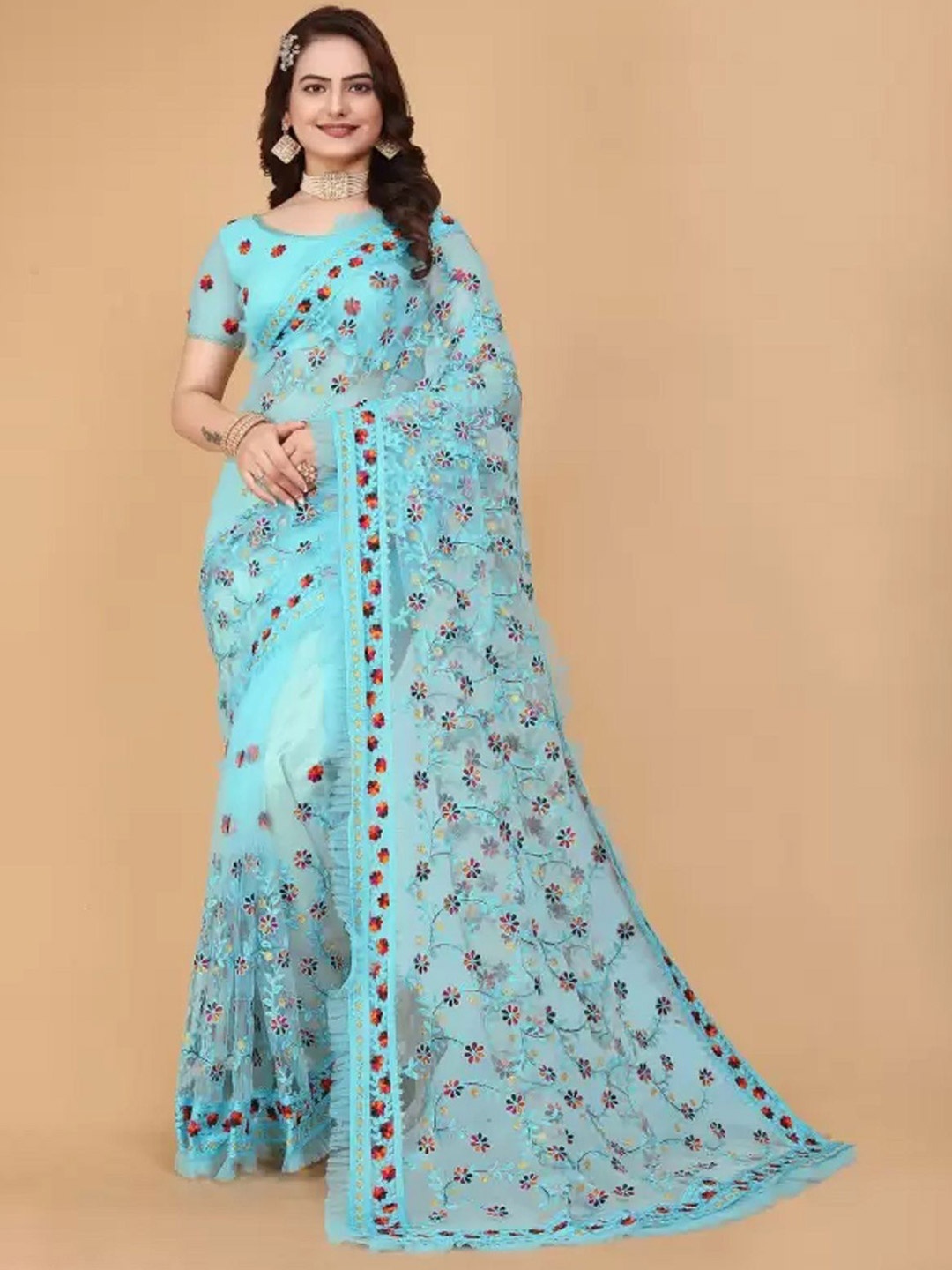 

Aika Embroidered Banarasi Saree With Blouse, Blue