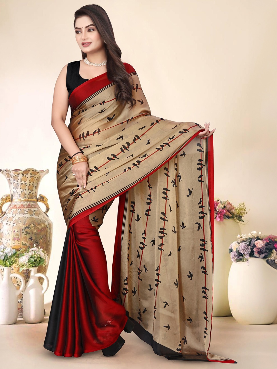 

SUPERLAXMI Ethnic Motifs Pure Chiffon Saree, Red