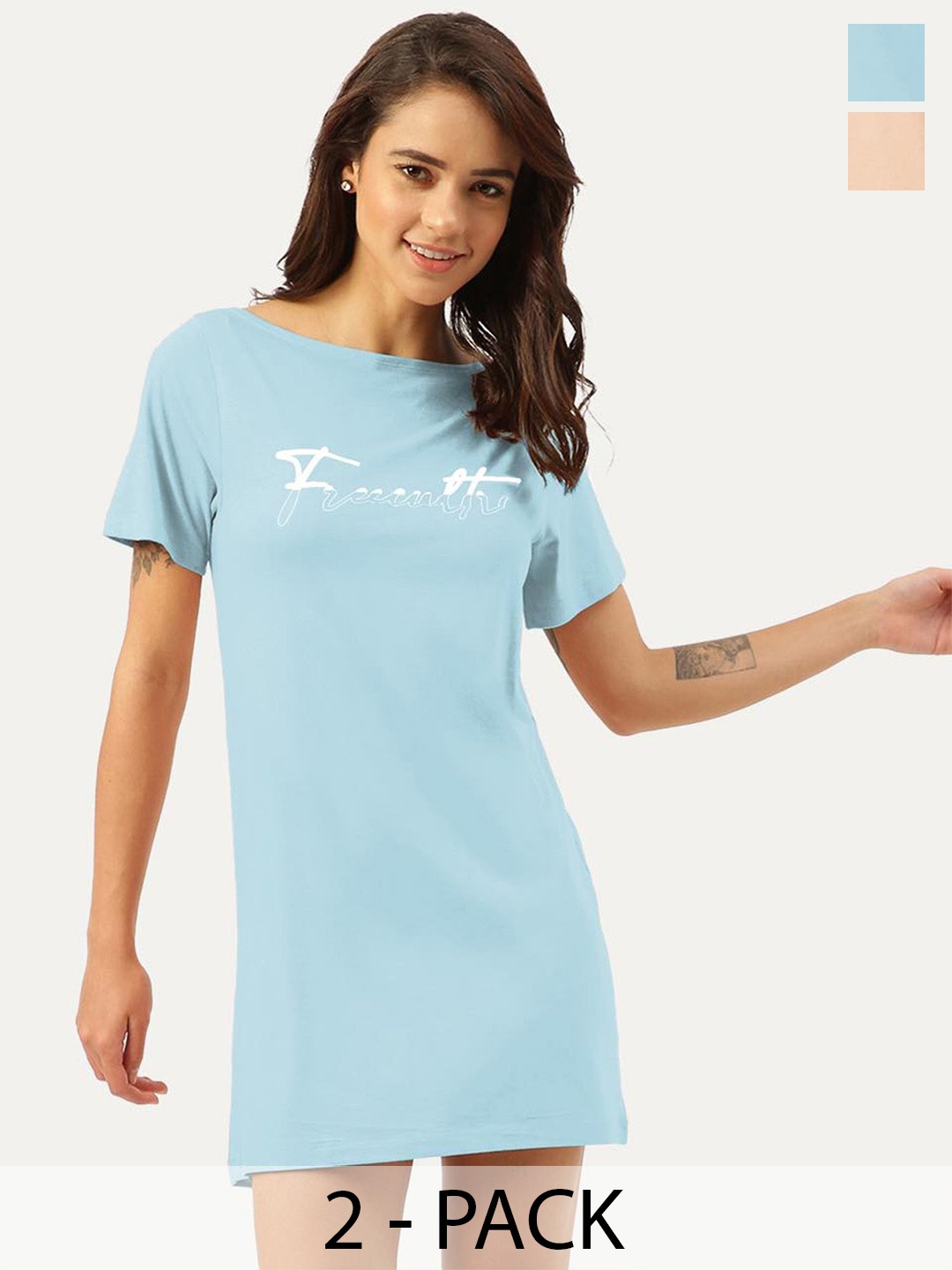 

FREECULTR Women's Pack of 2 Twin Skin Bamboo Cotton T-Shirt Dress -Chalk Blue,Pastle Peach