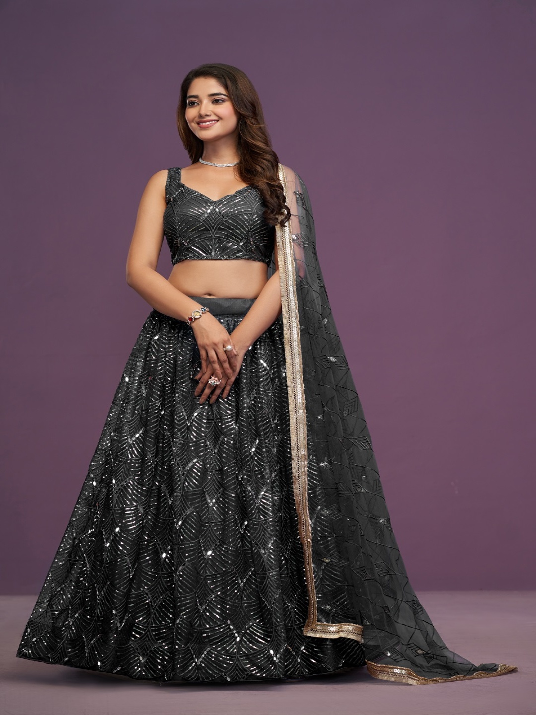 

JIHU CULTURE Embroidered Sequinned Semi-Stitched Lehenga & Unstitched Blouse With Dupatta, Black