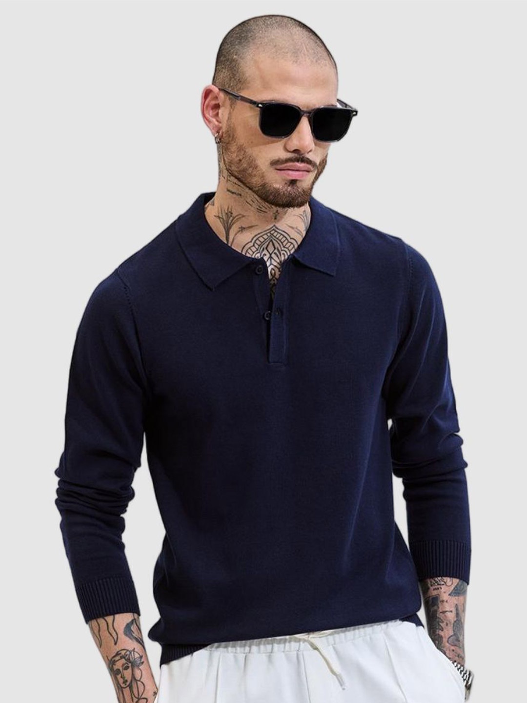 

Snitch Men Solid Polo Collar Slim Fit Cotton T-shirt, Navy blue