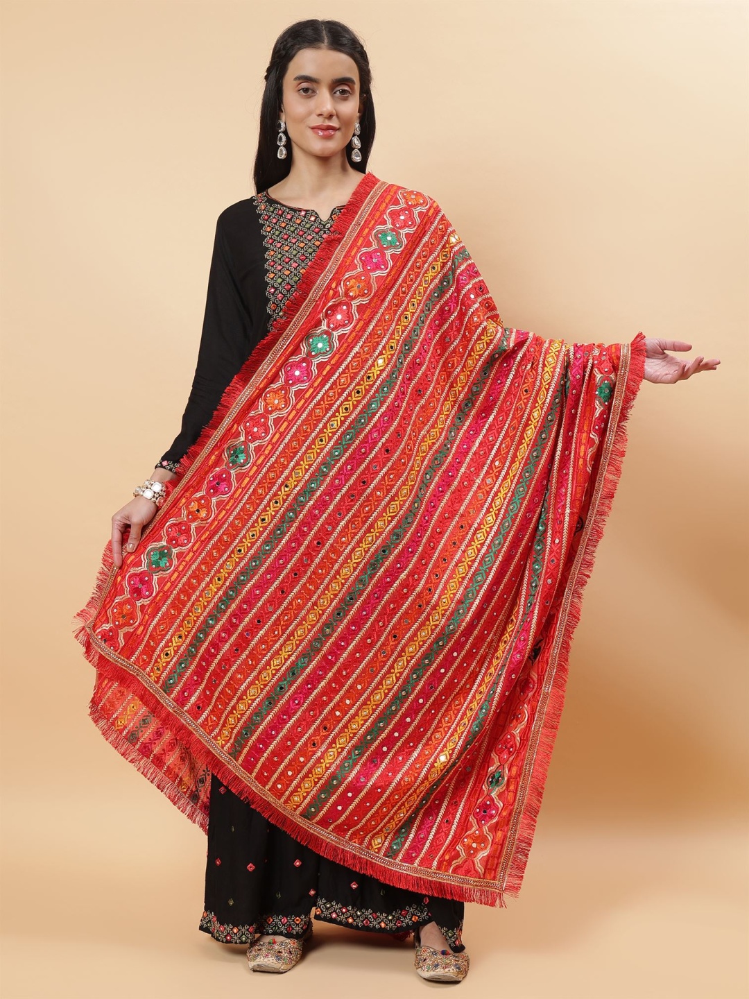 

Moda Chales Ethnic Motifs Embroidered Mirror Work Phulkari Dupatta, Red