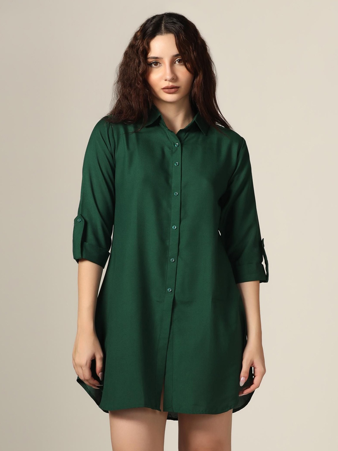 

Mast & Harbour Roll-Up Sleeves Shirt Mini Dress, Green