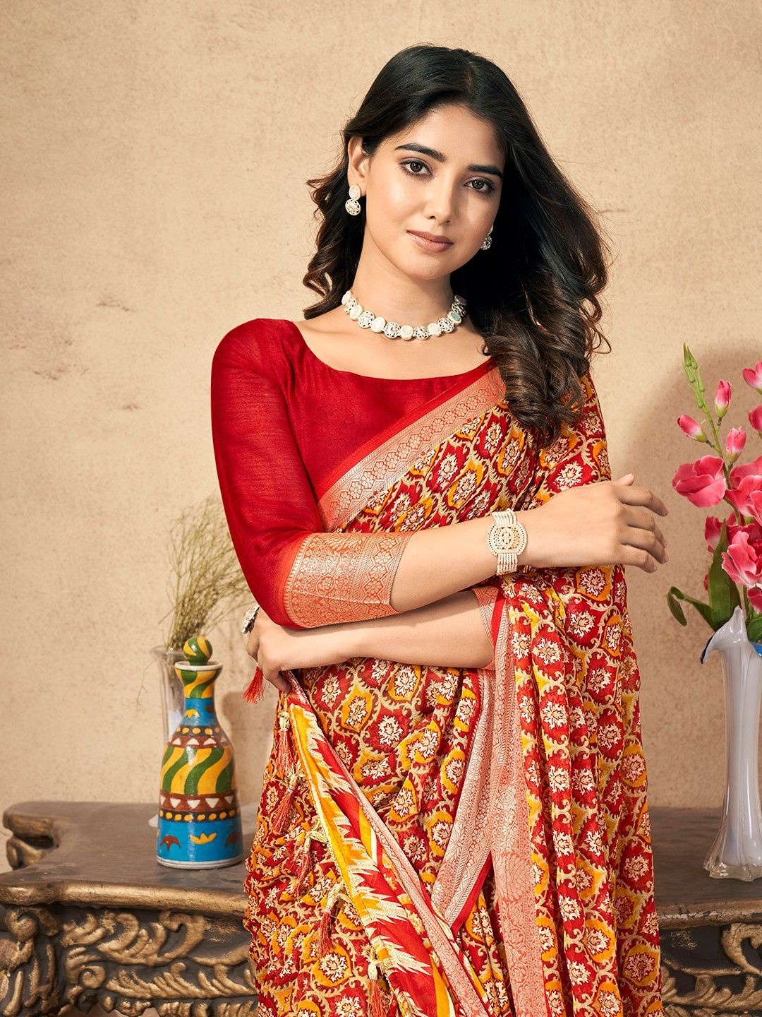 

all about you Floral Pure Chiffon Saree, Red