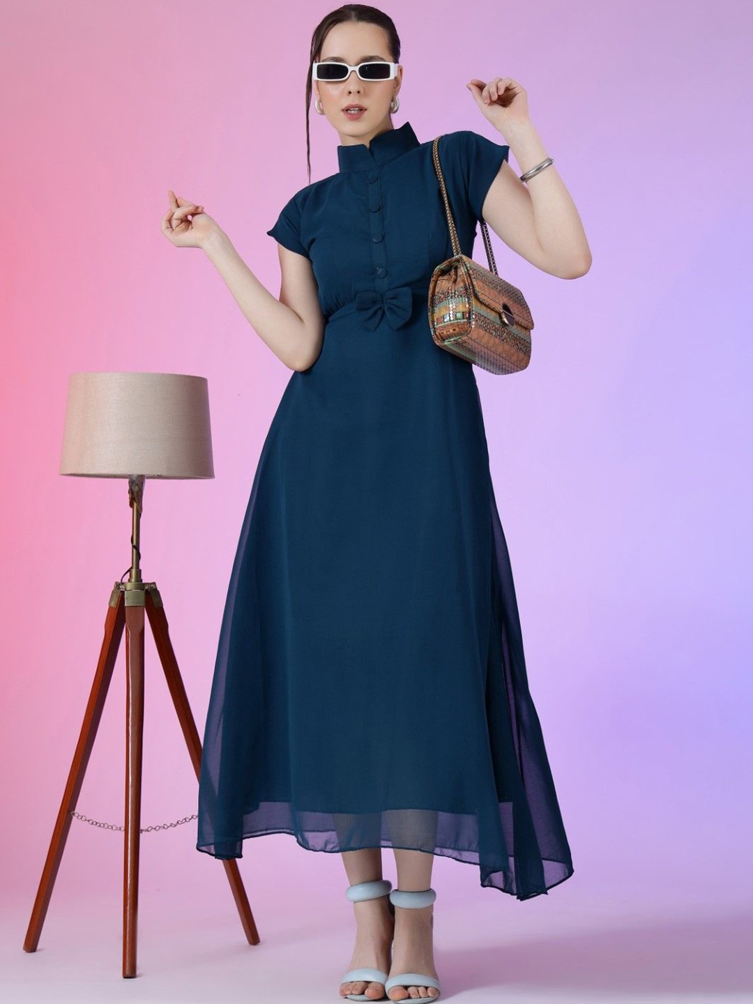 

Jash Creation Women Mandarin Collar A-Line Midi Dress, Blue