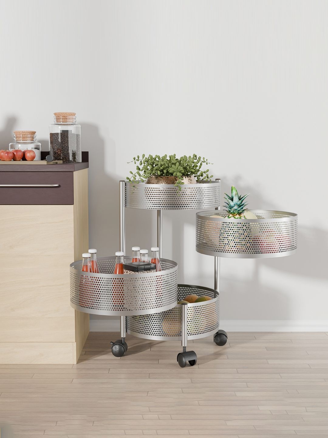 

Kuber Industries 3+1 Layer Kitchen Metal Storage Rack with Wheels Silver Kitchen Trolley