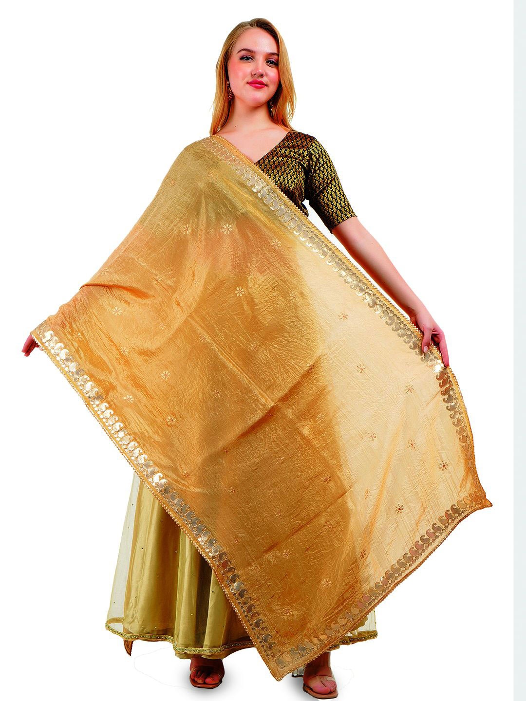 

Way2Like Floral Embroidered Gotta Patti Silk Wrap Shawl Scarf Hijab Dupatta, Gold