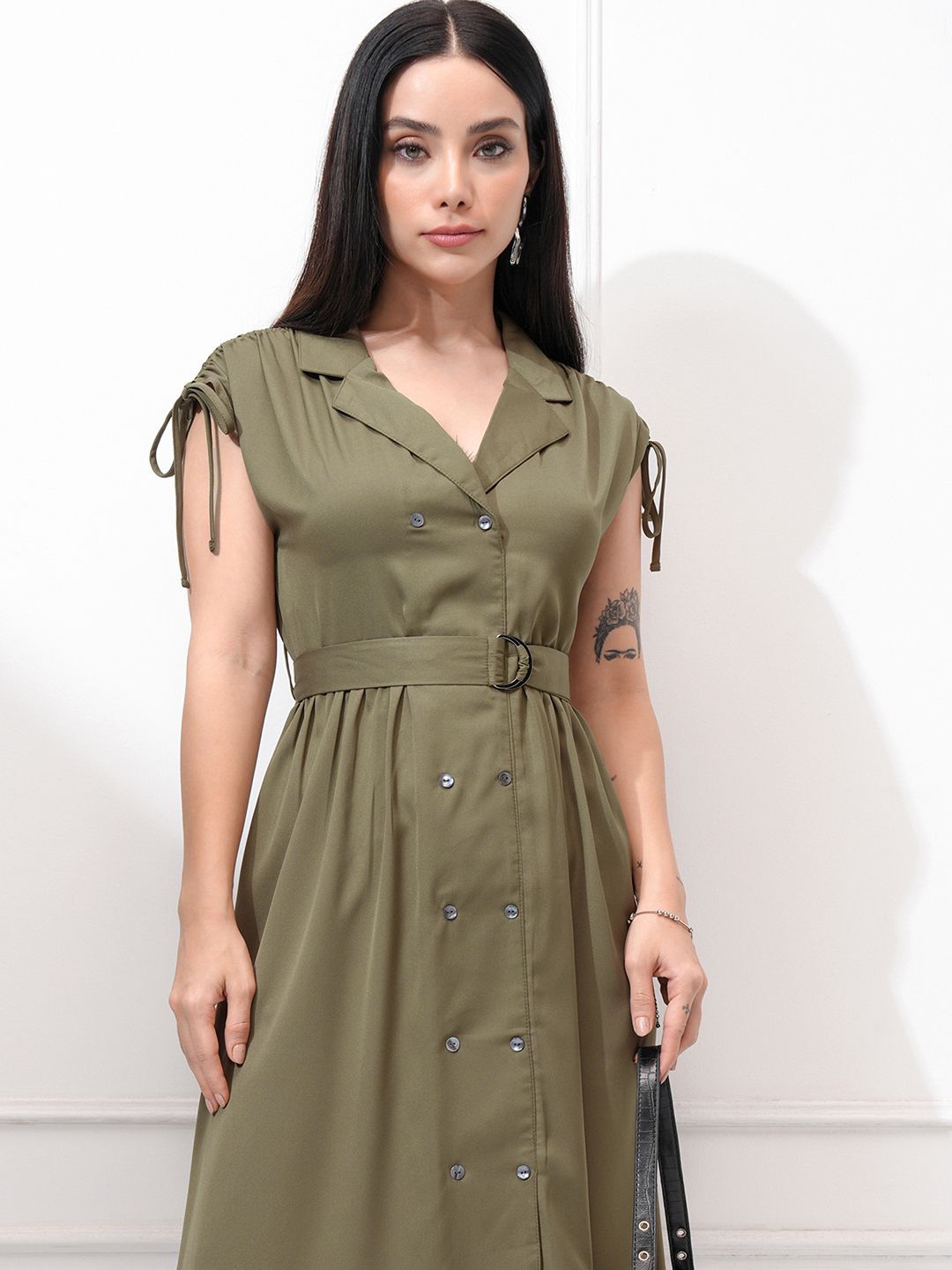 

CHIC BY TOKYO TALKIES Women Solid Fit & Flare Button Down Midi Dress, Olive