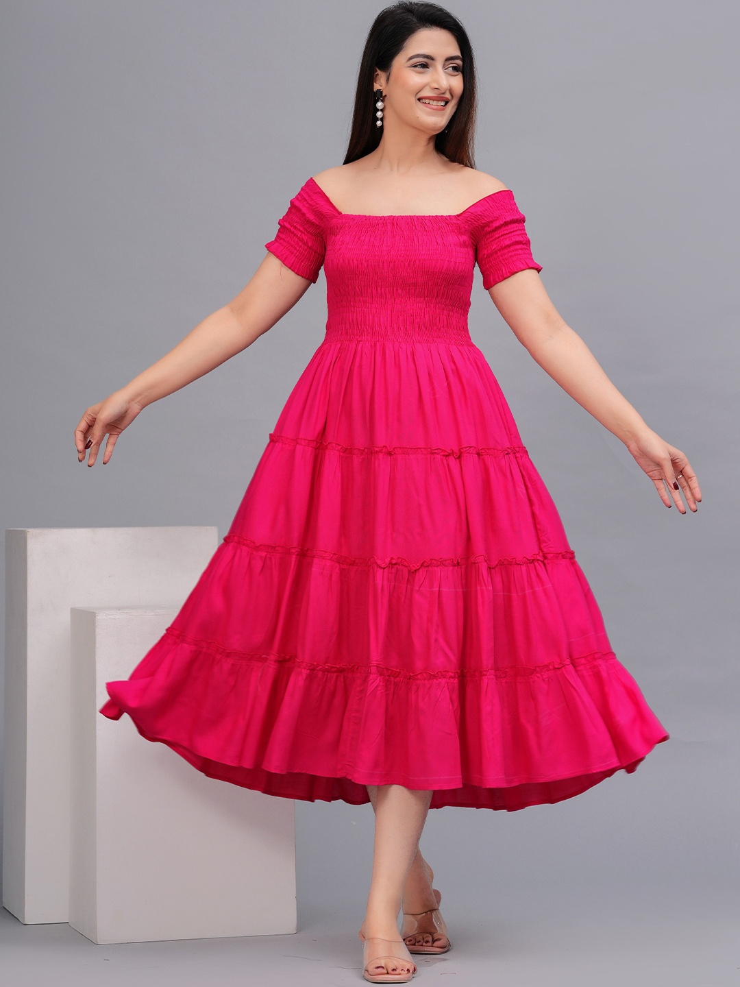 

Fmkcreation Tiered Fit & Flare Midi Dress, Pink