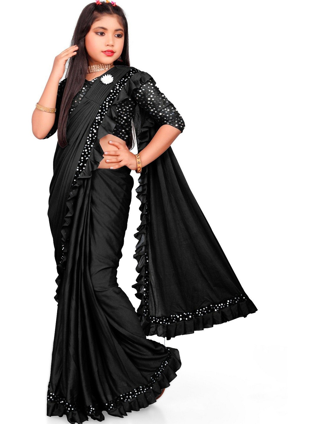 

Aika Girls Embellished Saree, Black