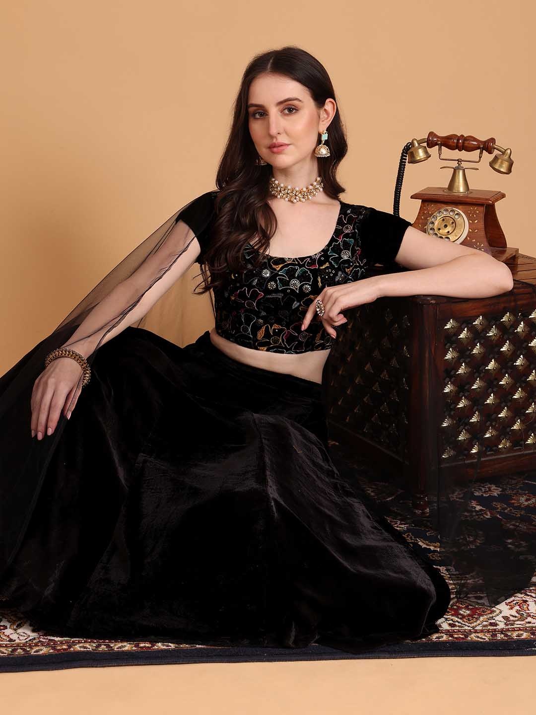 

Kinjo Embroidered Sequinned Velvet Semi-Stitched Lehenga & Unstitched Blouse With Dupatta, Black