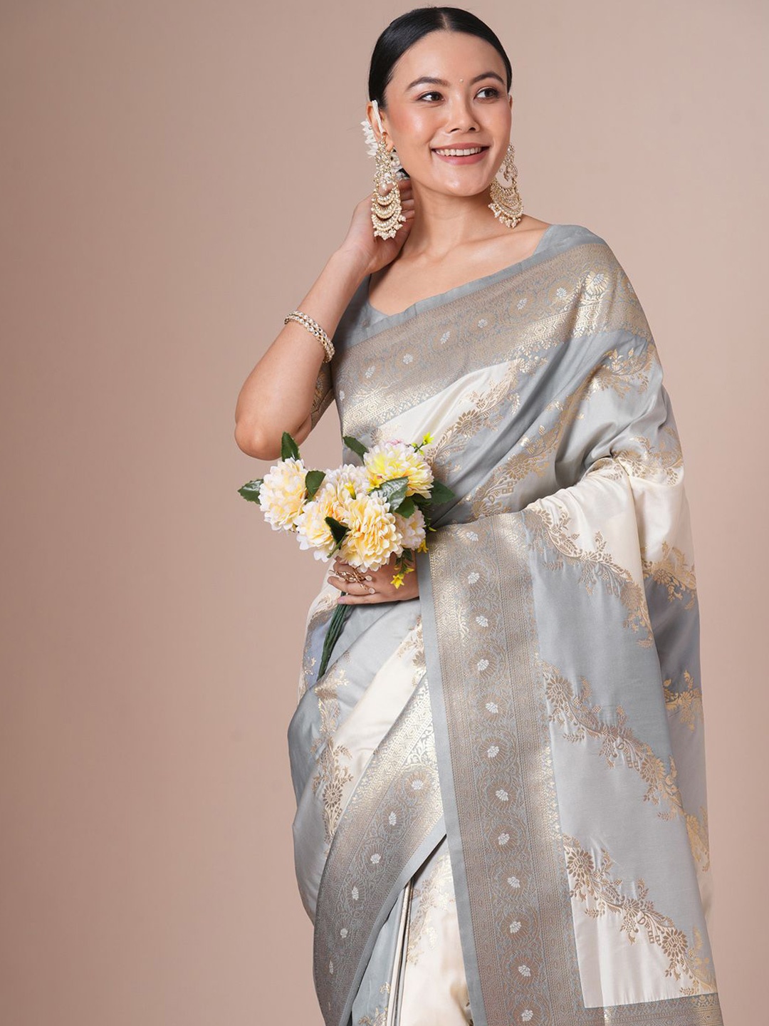 

House Of Pataudi Woven Design Banarasi Saree With Blouse Piece, Grey