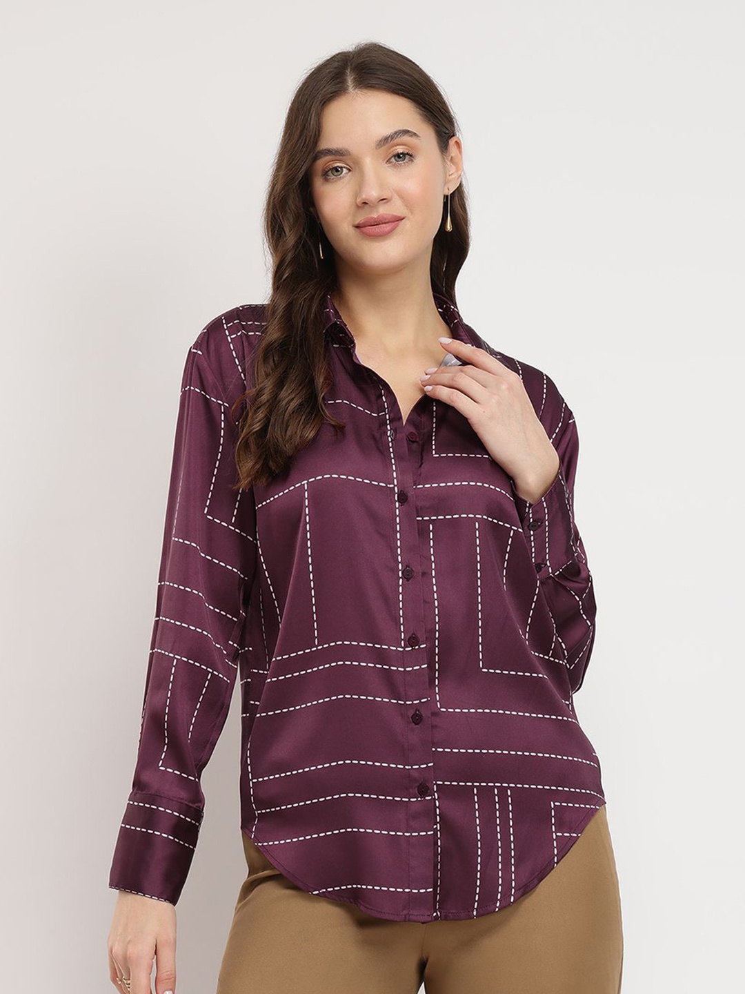 

FableStreet Women Comfort Fit Spread Collar Geometric Printed Satin Casual Shirt, Maroon