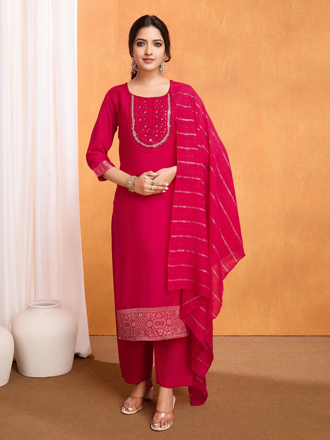 

Siya Fashion Floral Embroidered Yoke Design Sequinnned Kurta With Trouser And Dupatta, Red