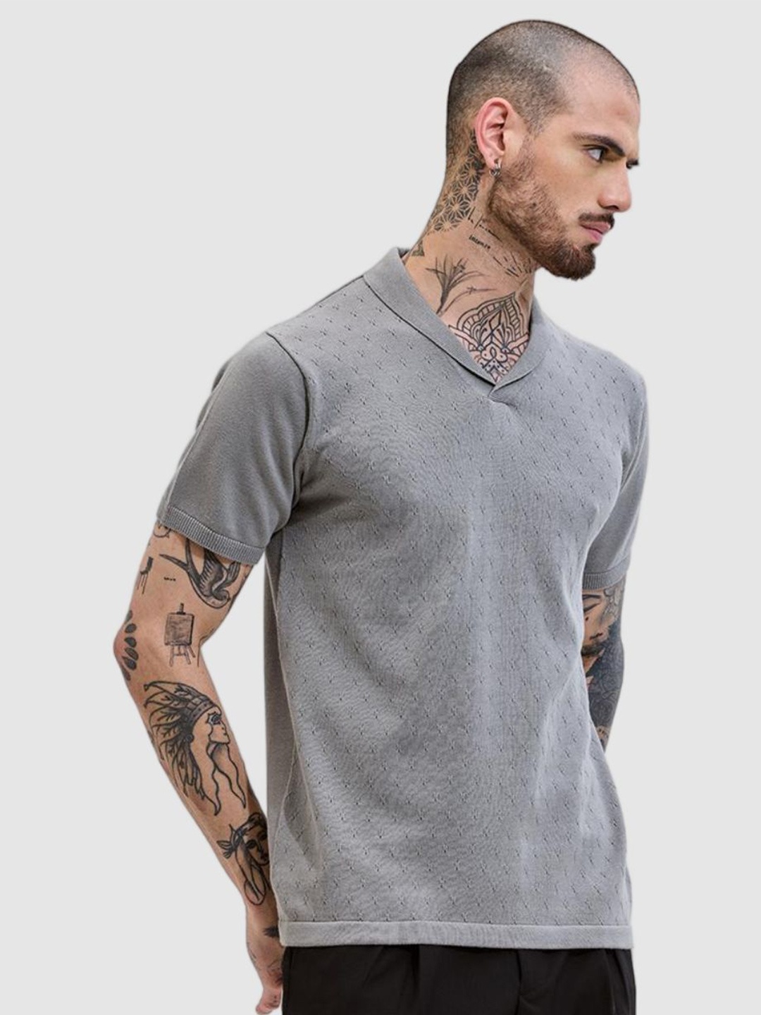 

Snitch Men Self Design V-Neck Slim Fit Cotton Casual T-shirt, Grey