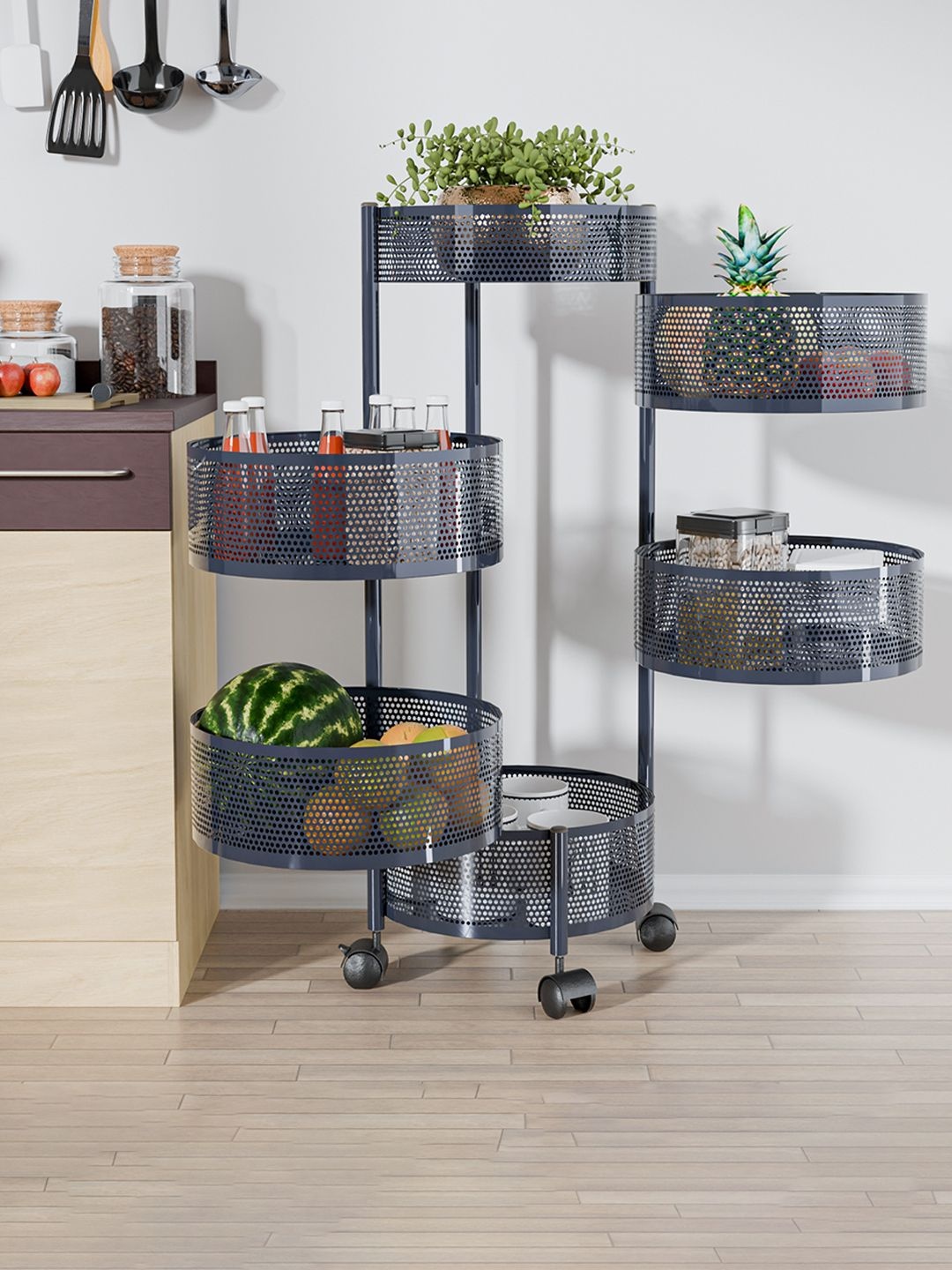 

Kuber Industries 5+1 Layer Kitchen Metal Storage Rack with Wheels Grey Kitchen Trolley