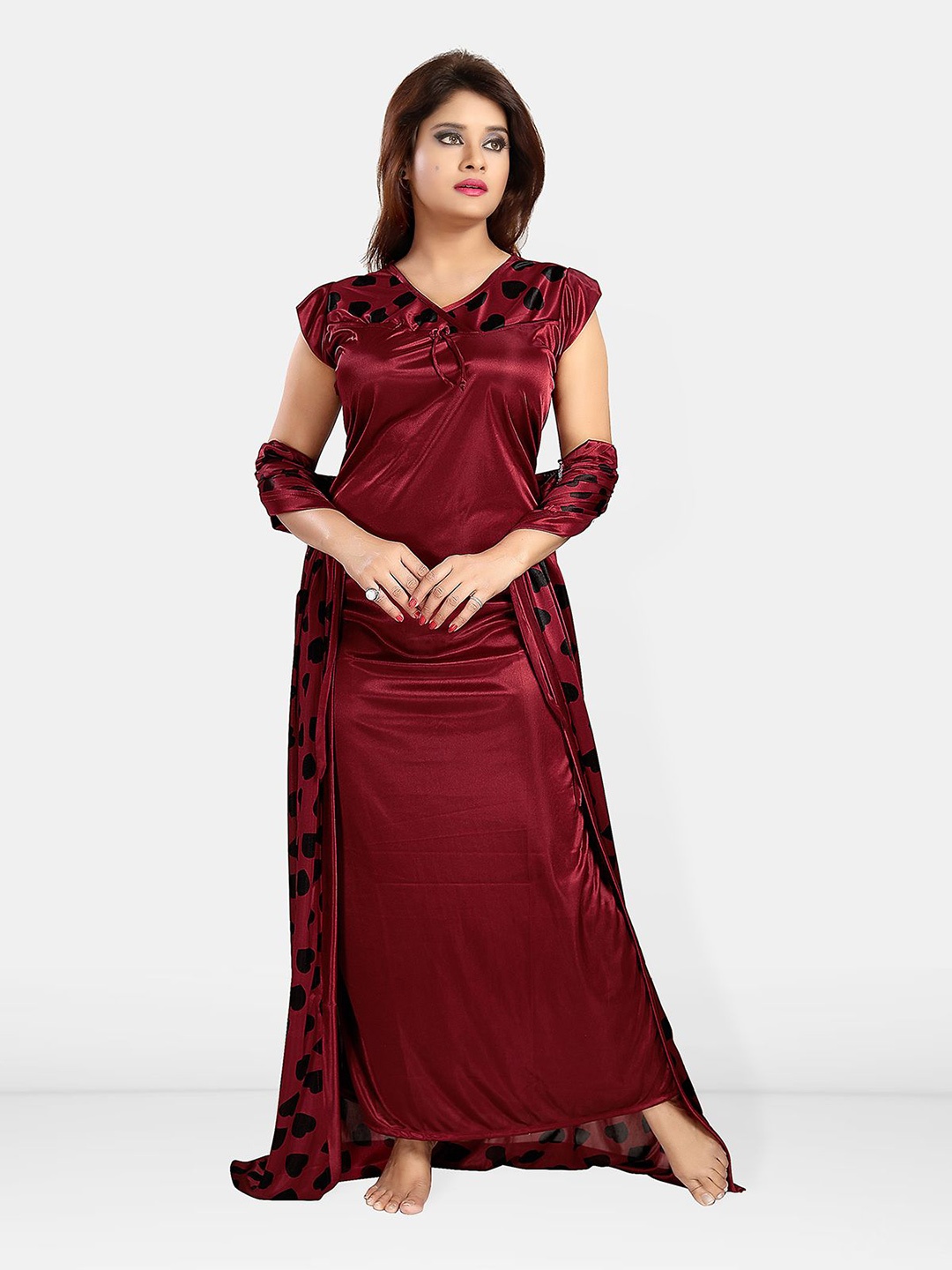 

Be You Women Printed Maxi Nightdress Set, Maroon