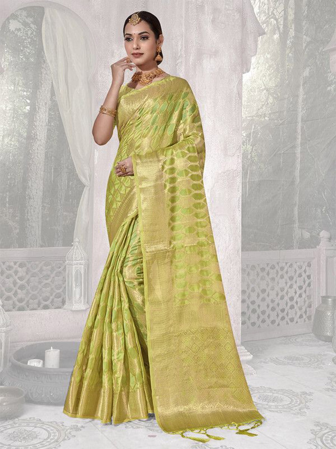 

sagarika Ethnic Motifs Woven Design Zari Organza Banarasi Saree, Lime green