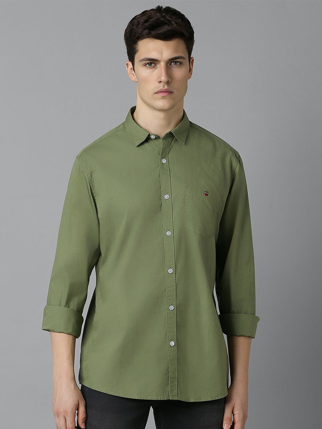 

Louis Philippe Jeans Men Slim Fit Spread Collar Solid Cotton Casual Shirt, Green