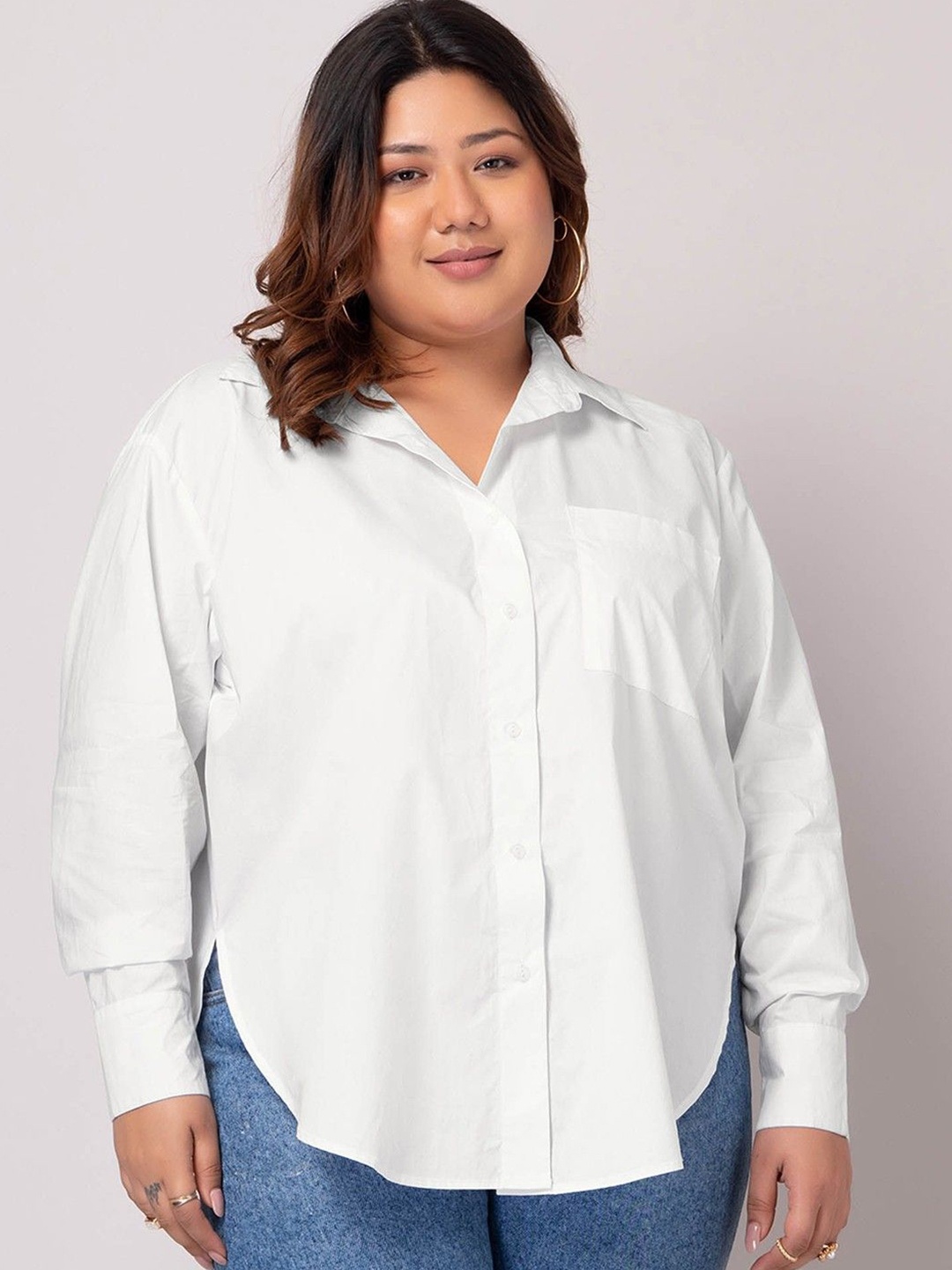 

WHY SO FAB Women Plus Size Comfort Relaxed Fit Spread Collar Solid Cotton Casual Shirt, White