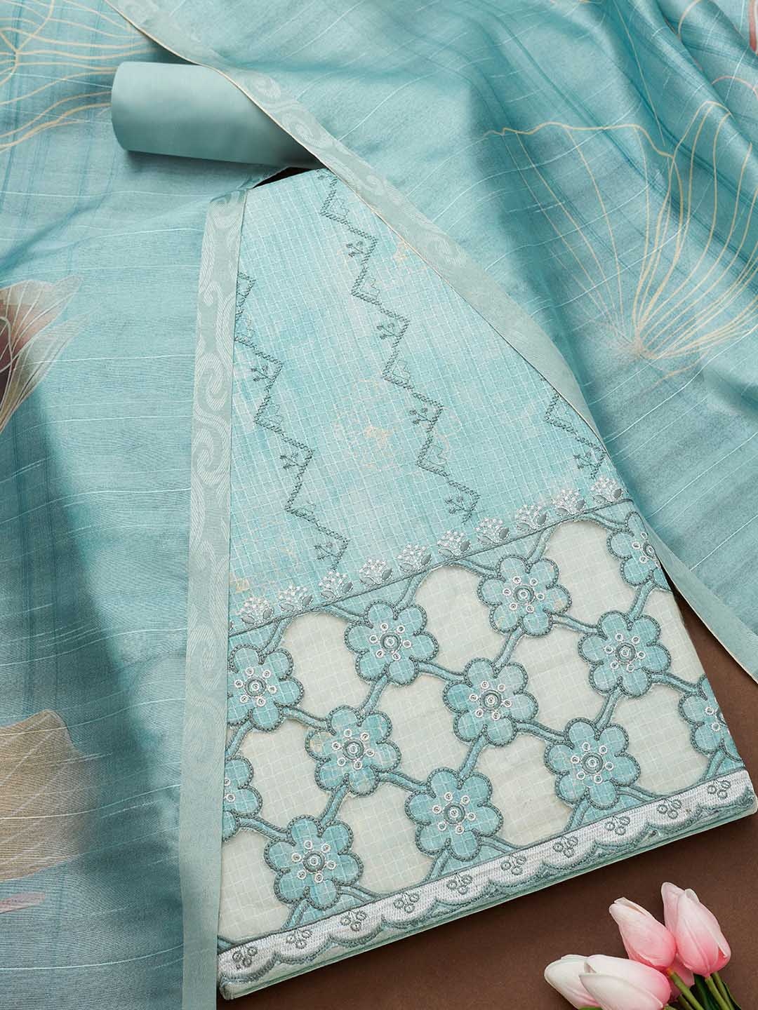 

Soch Floral Embroidered Tussar Silk Unstitched Dress Material, Blue