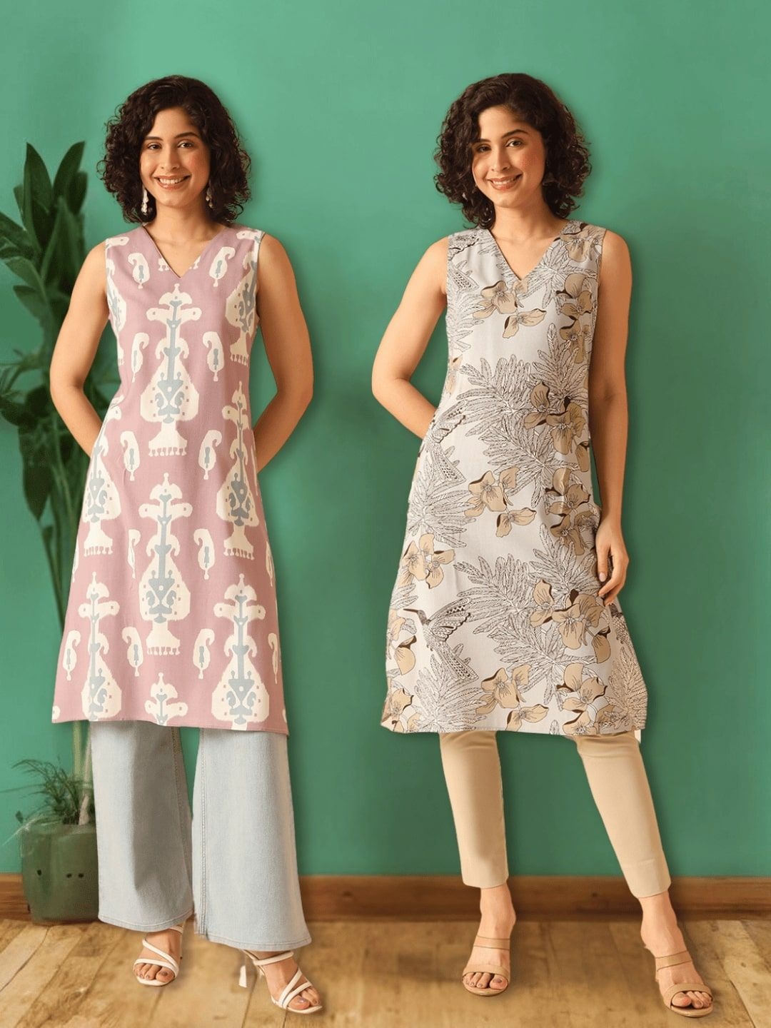 

Anouk Rustic Selection of 2 Ethnic Motifs Printed V-Neck Straight Kurtas, Mauve