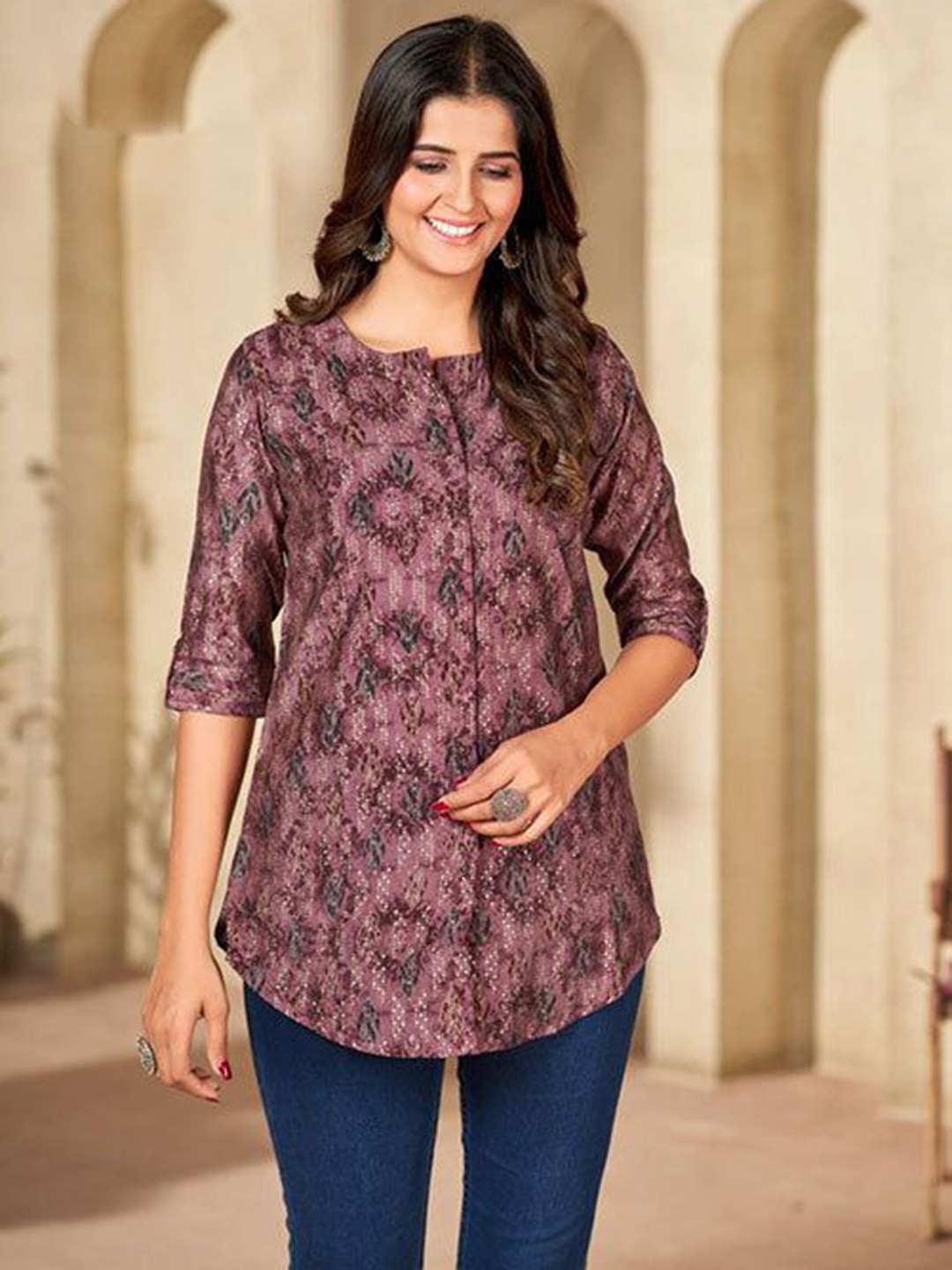 

FREYAA Mandarin Collar Printed Tunic, Purple