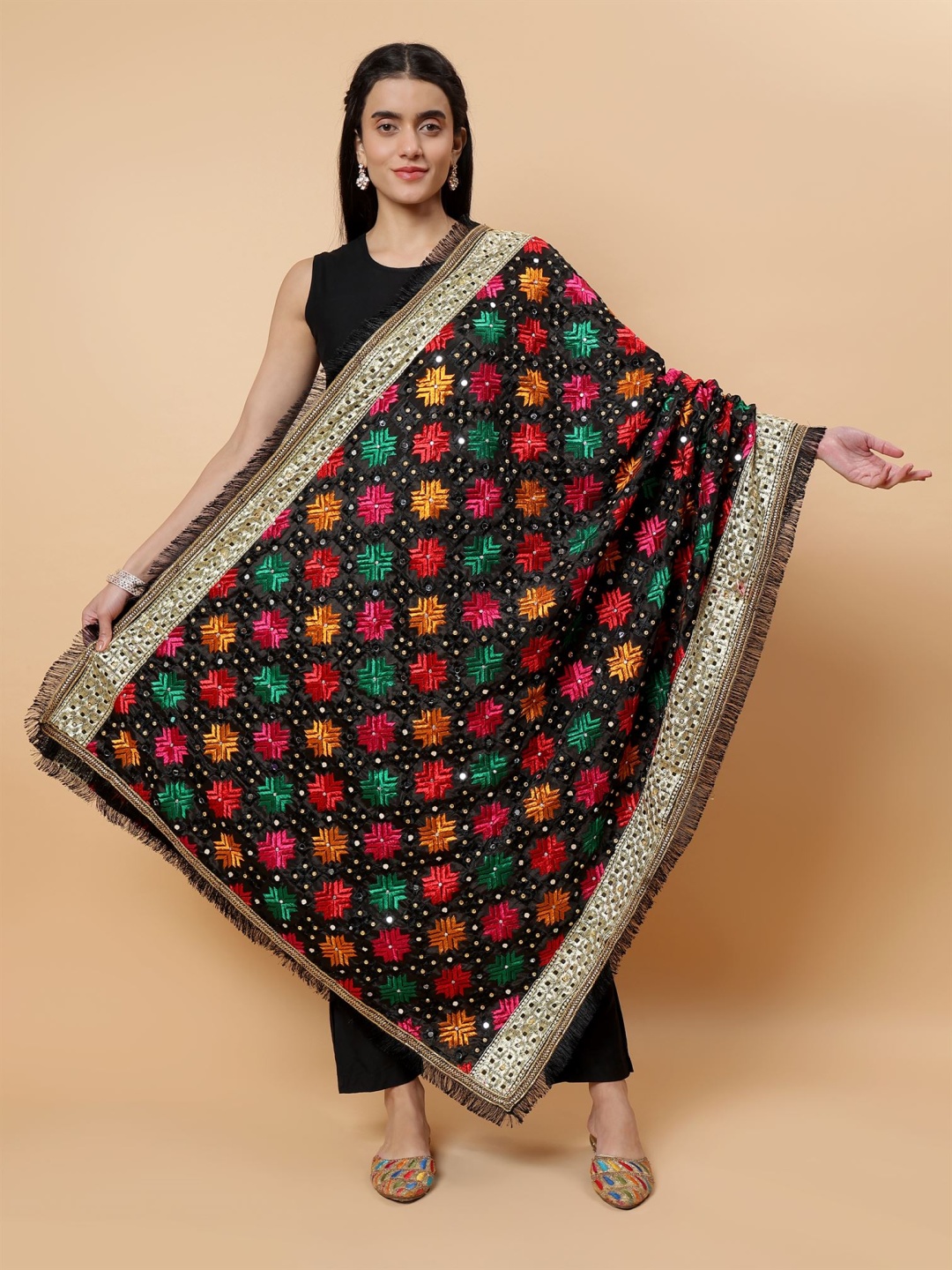 

Moda Chales Ethnic Motifs Embroidered Mirror Work Phulkari Dupatta, Black