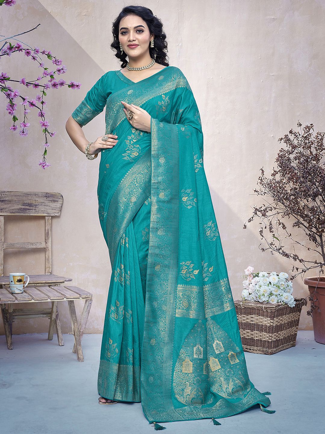 

Satrani Ethnic Motifs Zari Pure Silk Banarasi Saree, Blue