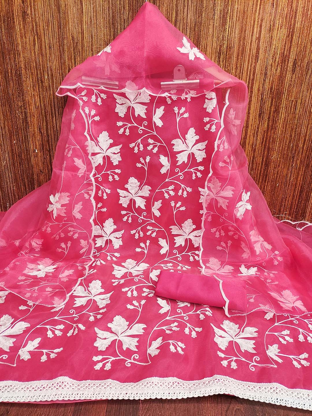 

HERE&NOW Floral Embroidered Organza Unstitched Dress Material, Pink