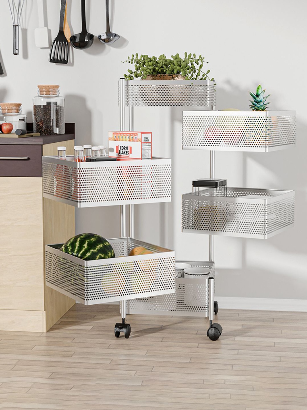 

Kuber Industries 5+1 Layer Kitchen Metal Storage Rack with Wheels Silver Kitchen Trolley