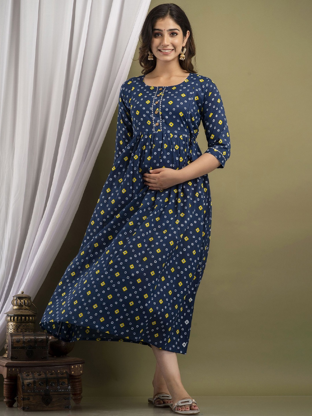 

mad fury Geometric Printed Maternity Cotton Fit and Flare Midi Dress, Blue