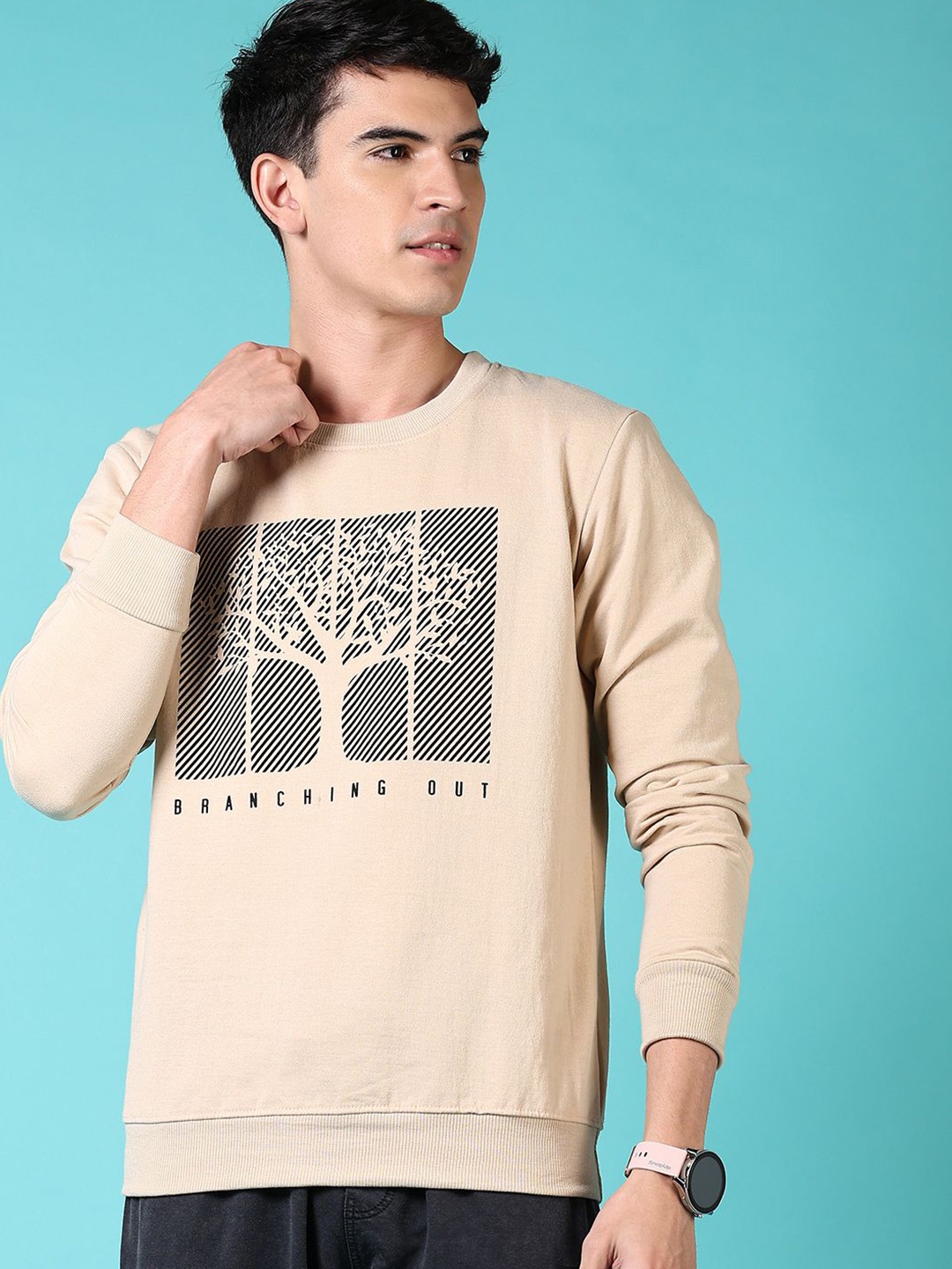 

V-Mart Men Printed Fleece Round Neck Sweatshirt, Beige