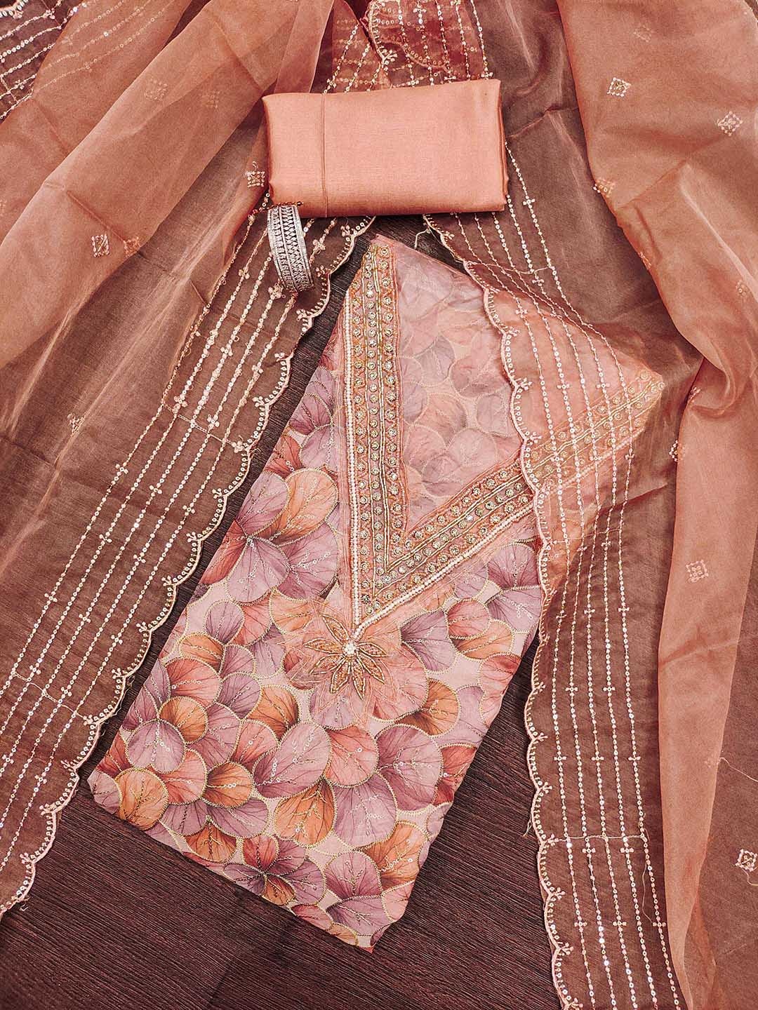 

HERE&NOW Floral Printed Sequinned Organza Unstitched Dress Material, Peach