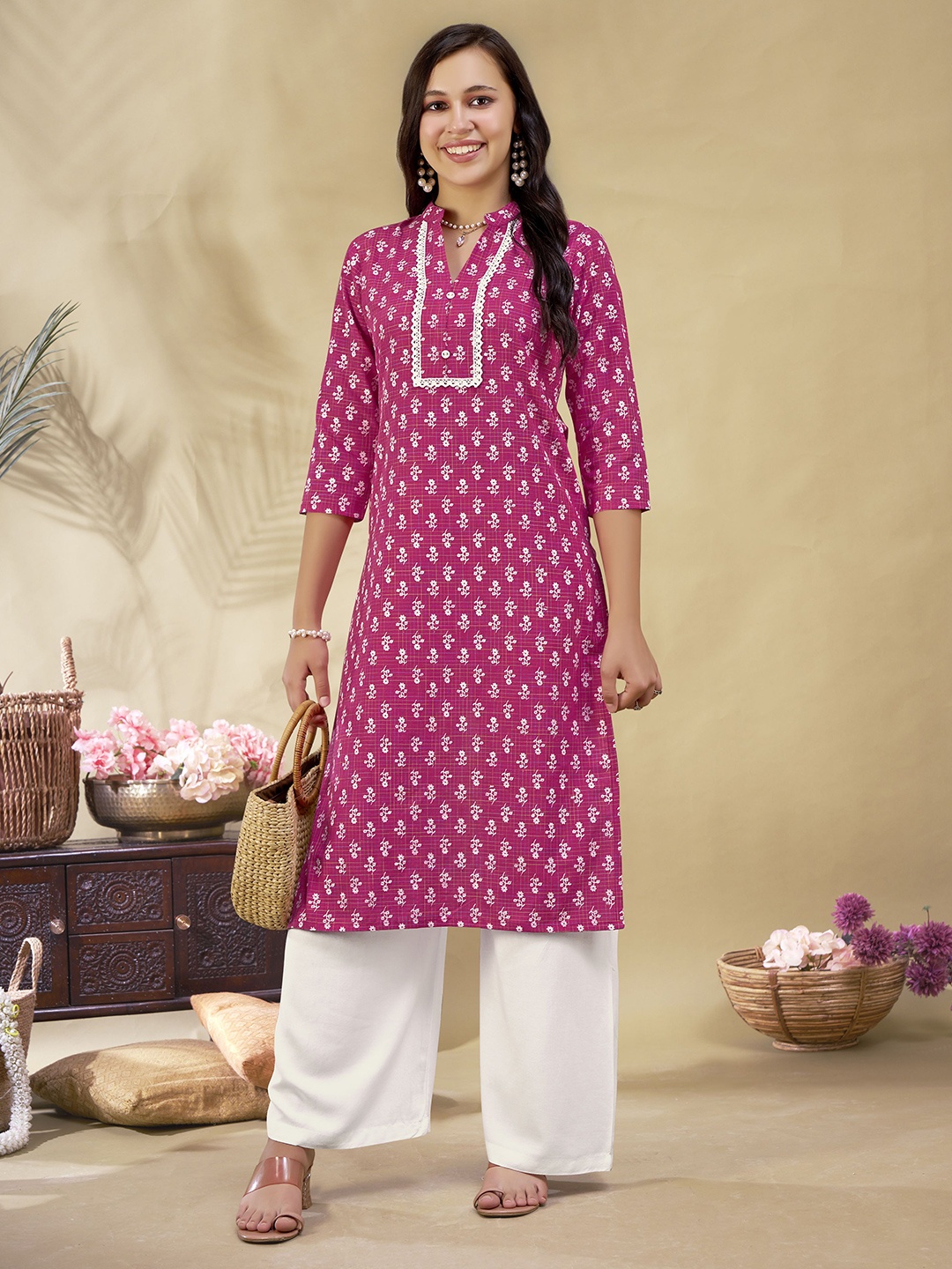 

Anouk Rustic Women Floral Printed Mandarin Collar Pure Cotton Straight Kurta, Pink