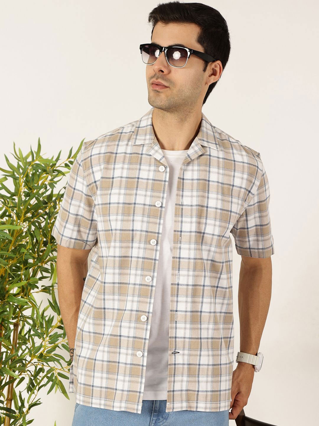 

Mast & Harbour Men Premium Fit Cuban Collar Tartan Checked Cotton Casual Shirt, Beige