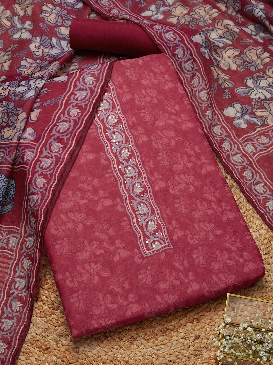 

Soch Floral Printed Unstitched Dress Material, Fuchsia