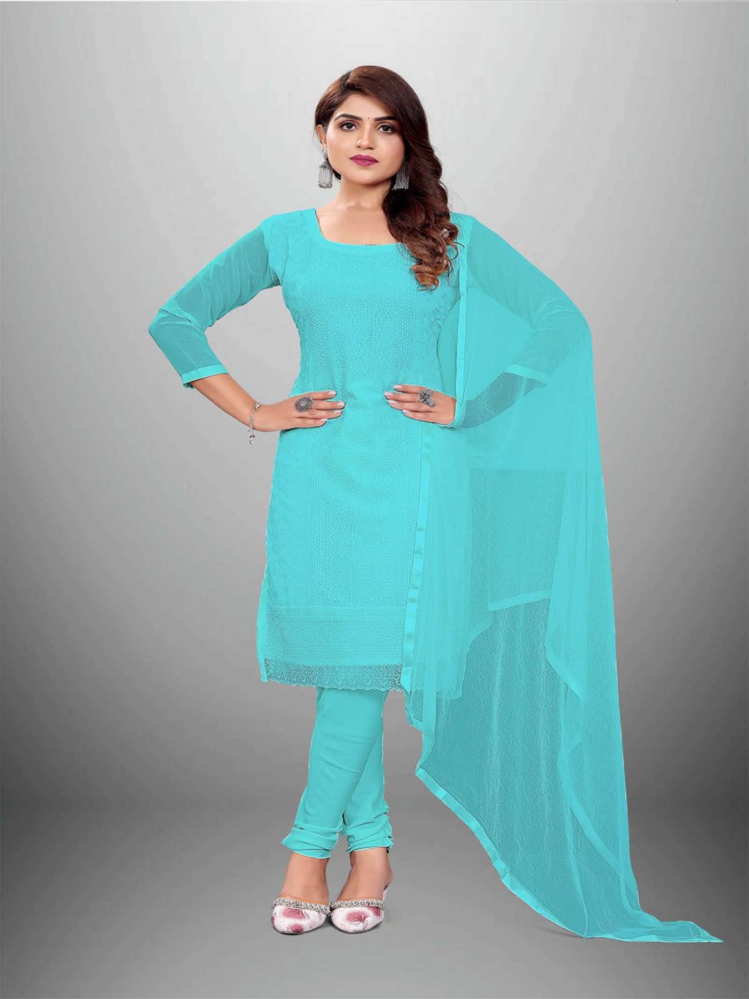 

Aika Floral Embroidered Silk Georgette Unstitched Dress Material, Blue
