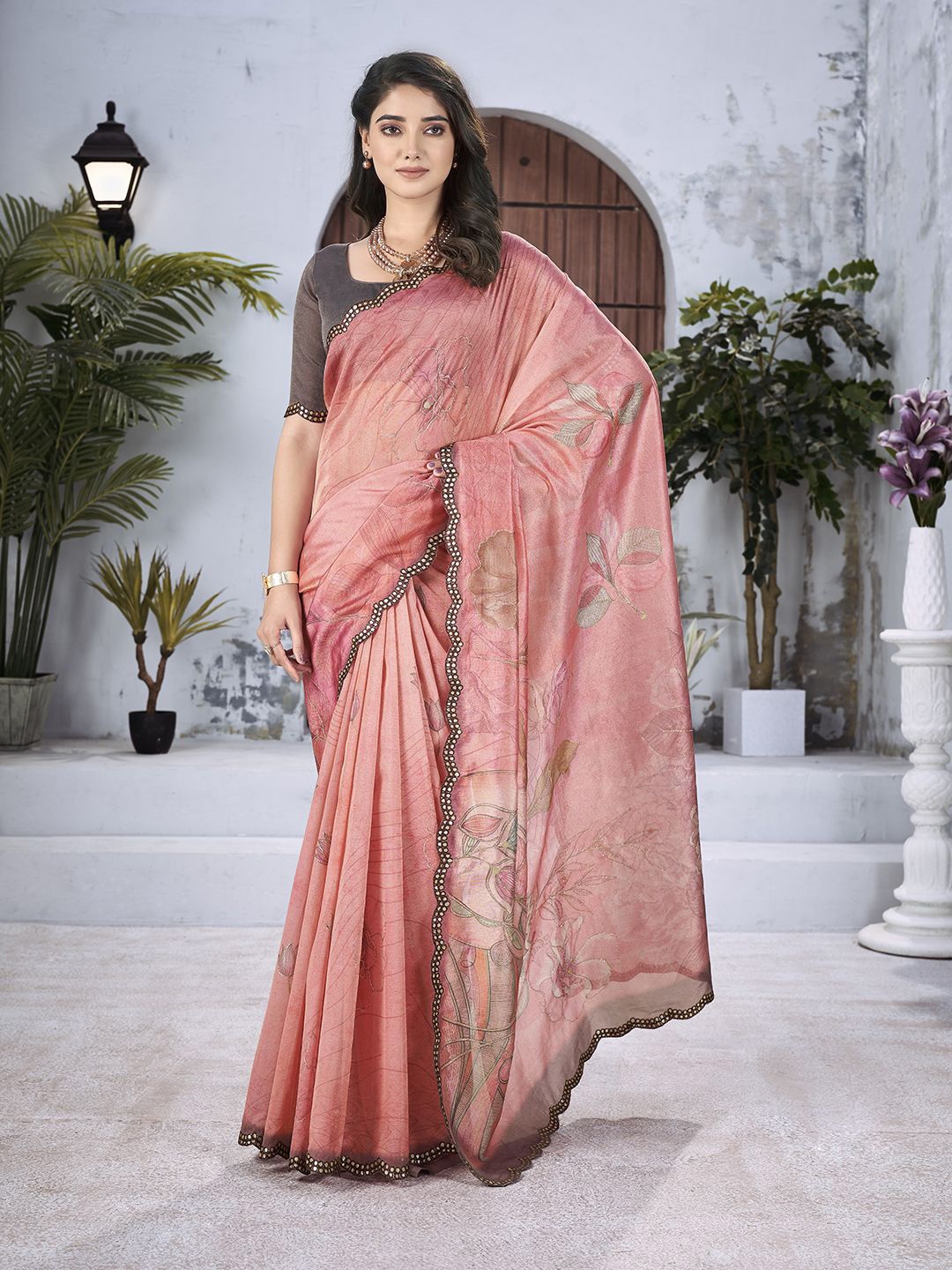 

all about you Floral Organza Saree, Peach