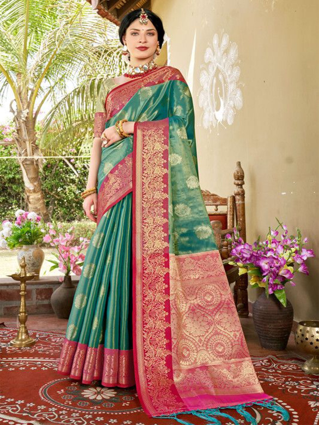 

sagarika Woven Design Zari Banarasi Saree, Turquoise blue