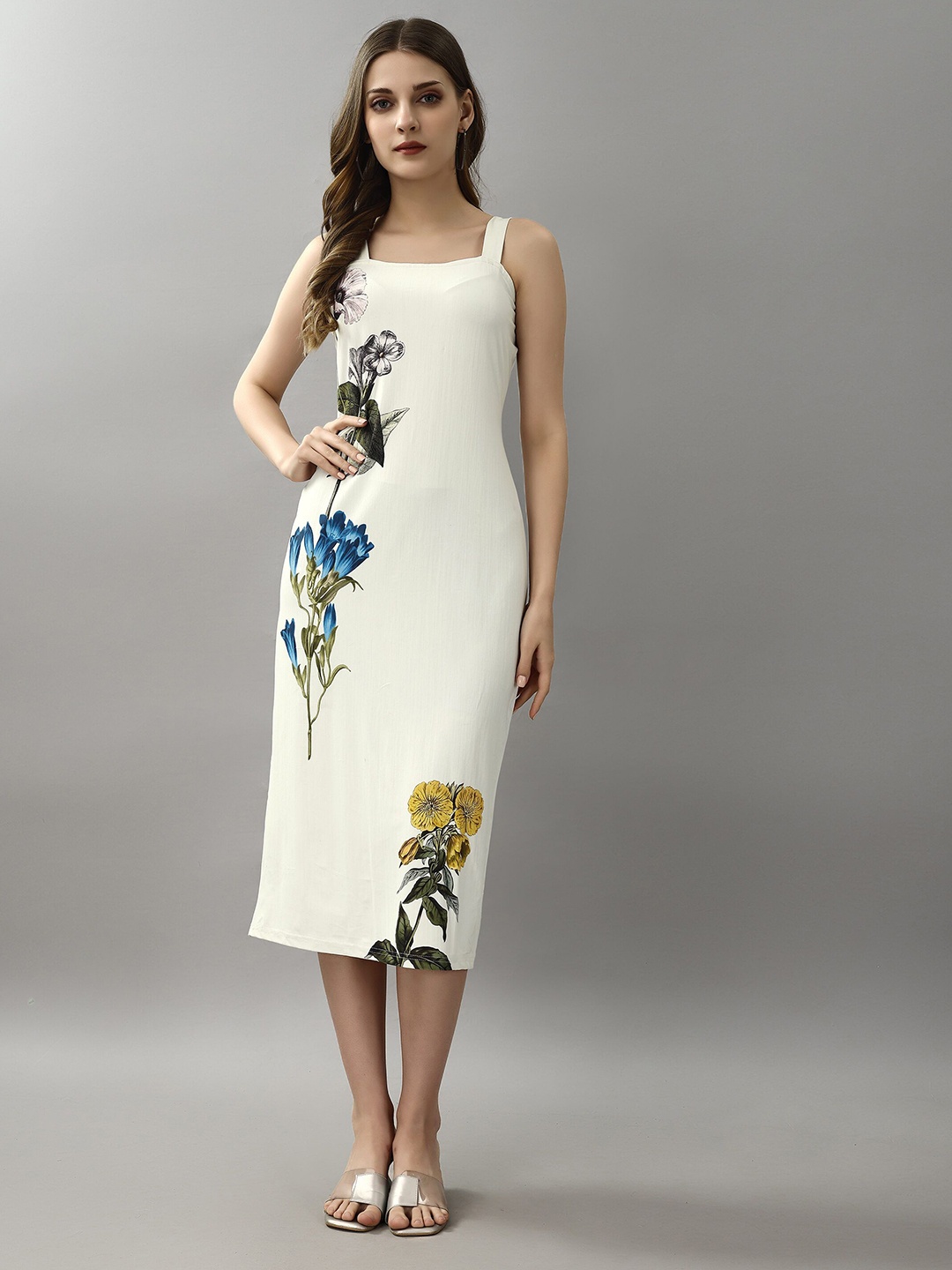 

Attire Empire Floral Printed Shoulder Straps Sheath Midi Dress, Cream