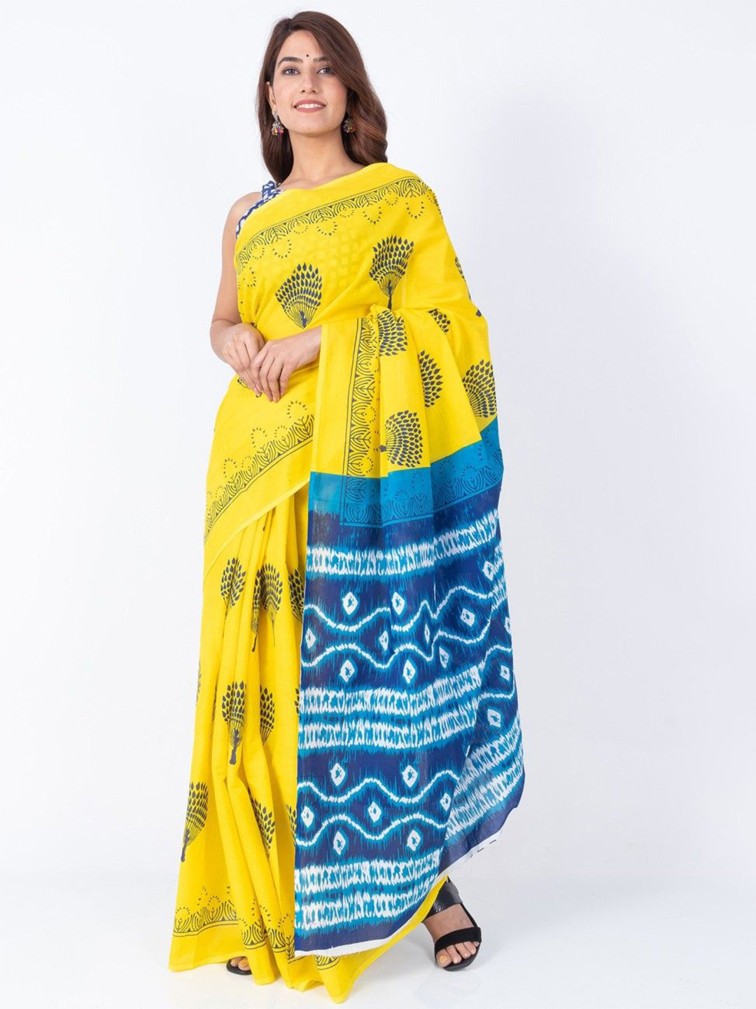 

Craft Musium Ethnic Motifs Pure Cotton Bagru Saree, Yellow